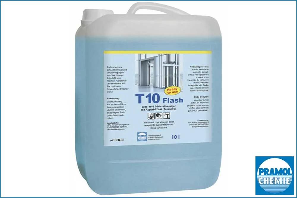 PRAMOL 10156.00110 T10 Flash - Tensidfreier Glas- und Edelstahlreiniger mit Abperl-Effekt, 10 Liter Kanister