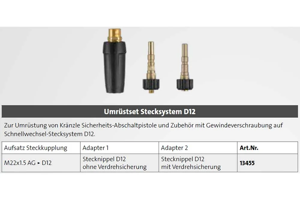 Kränzle 13455 Umrüstset Steckkupplung, M22x1.5 auf Stecksystem D12