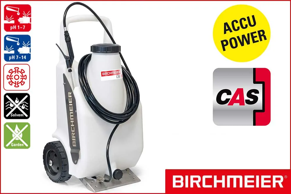 BIRCHMEIER 12150701 Zweirad Akku-Drucksprühgerät C 50 DC1 für Säuren und Laugen, 50 Liter