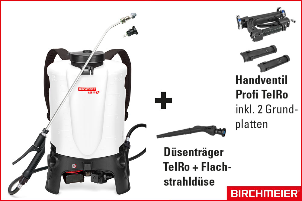 BIRCHMEIER 12197601 Akku-Rückensprühgerät REB 15 DC1 inkl. TelRo, Akku und Ladegerät