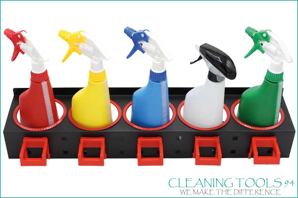 Cleaning Tools 94 Wand-Flaschenhalterung 5-fach, schwarz-rot – Die Profi-Station für deine Sprühflaschen Cleaning Tools 94 Wand-Flaschenhalterung 5-fach, schwarz-rot