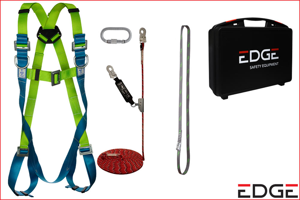 Ihr Schweizer Fachpartner für professionelles Reinigungsmaterial & Spezialreinigung EDGE ECD1603 FLAT ROOF SET Flachdach-Fallschutzset M-XL – Komplettset mit EDGE2 Auffanggurt, 20m Vertiline-Seil, Schlinge & Koffer