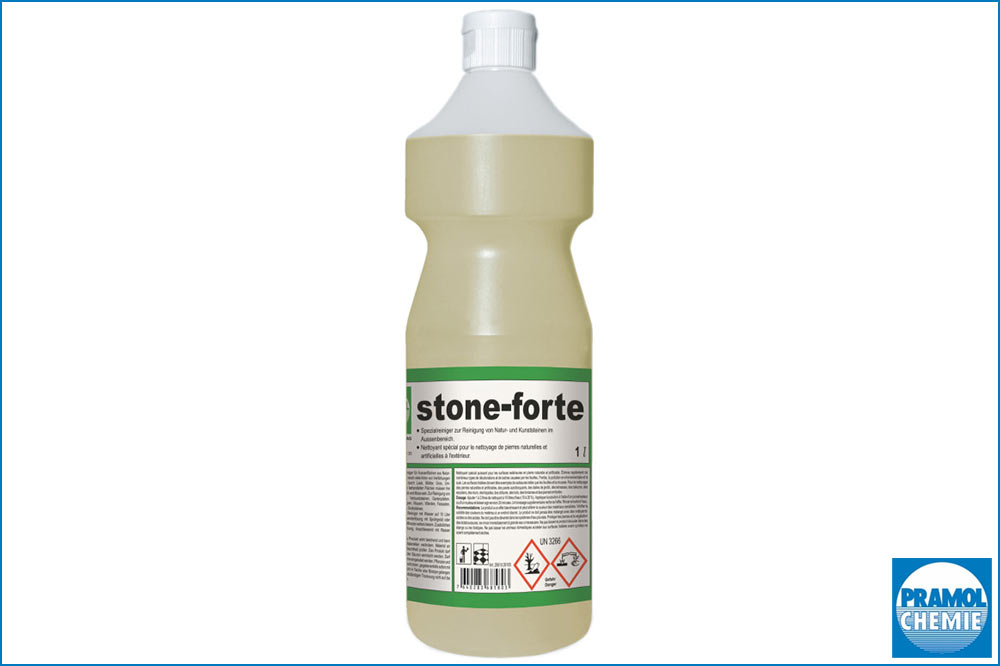 Ihr Schweizer Fachpartner für professionelles Reinigungsmaterial & Spezialreinigung PRAMOL stone-forte Spezialreiniger für Aussenflächen, 1 Liter Flasche