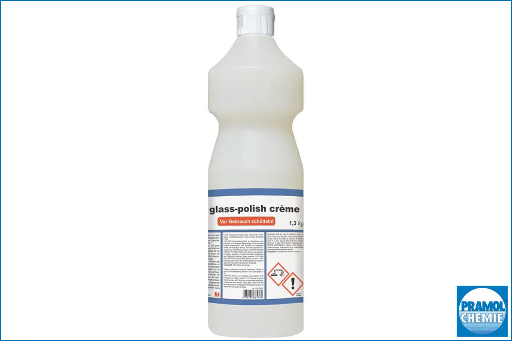 Ihr Schweizer Fachpartner für professionelles Reinigungsmaterial & Spezialreinigung Pramol glass-polish crème – Saure Spezial-Glaspolitur & Glasreinigungspaste, 1300 g