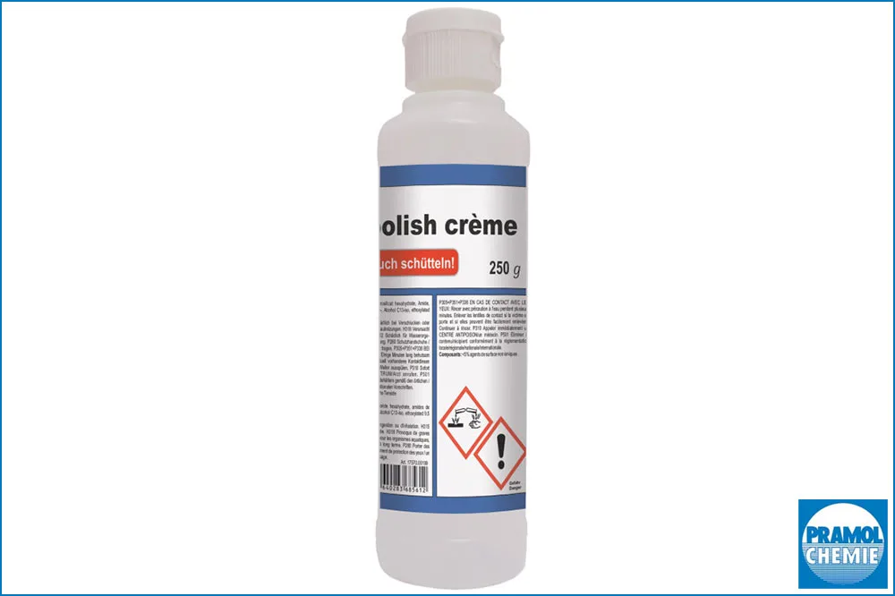 Ihr Schweizer Fachpartner für professionelles Reinigungsmaterial & Spezialreinigung Pramol glass-polish crème – Saure Spezial-Glaspolitur & Glasreinigungspaste